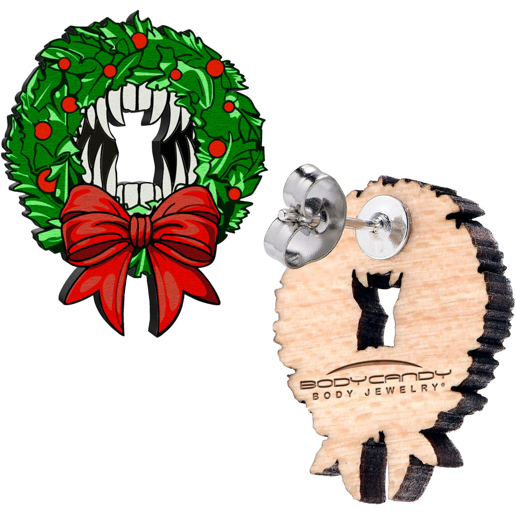 Handmade Wooden Vampire Wreath Holiday Christmas Stud Earrings by Onyx O