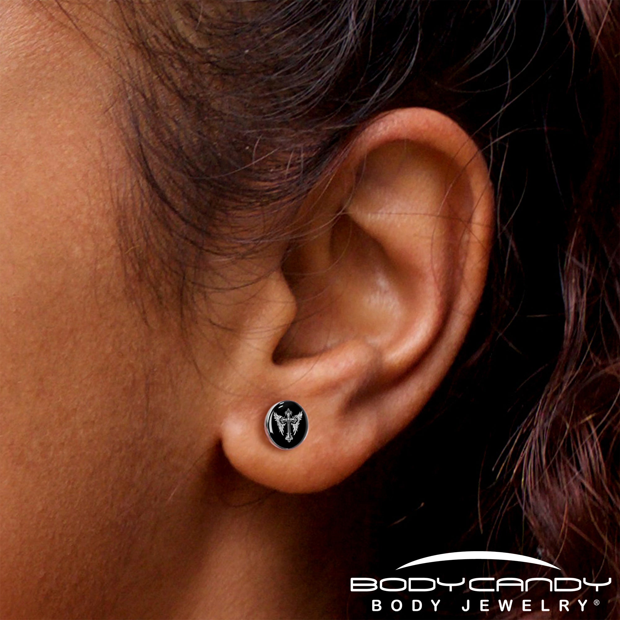 Black White Winged Cross Stud Earrings by Onyx O