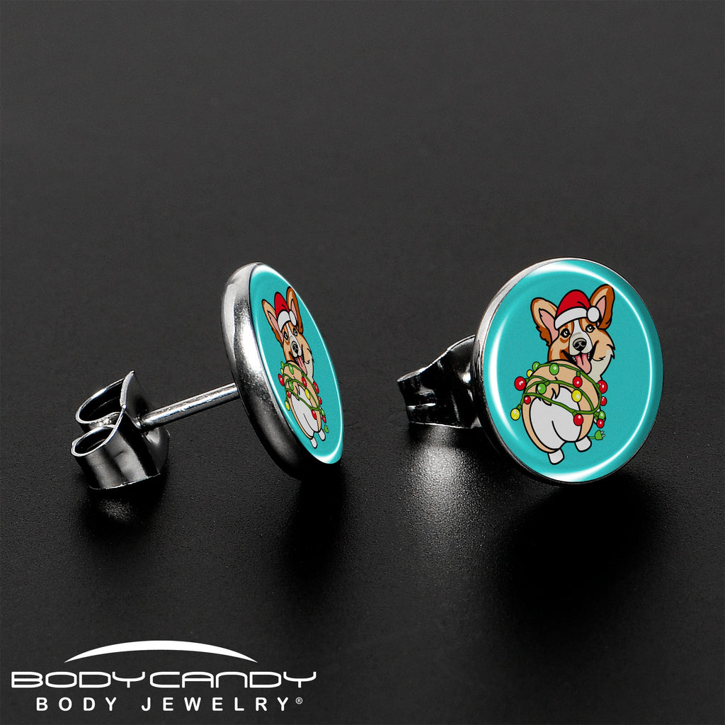 Christmas Holiday Lights Corgi Dog Stud Earrings by Onyx O