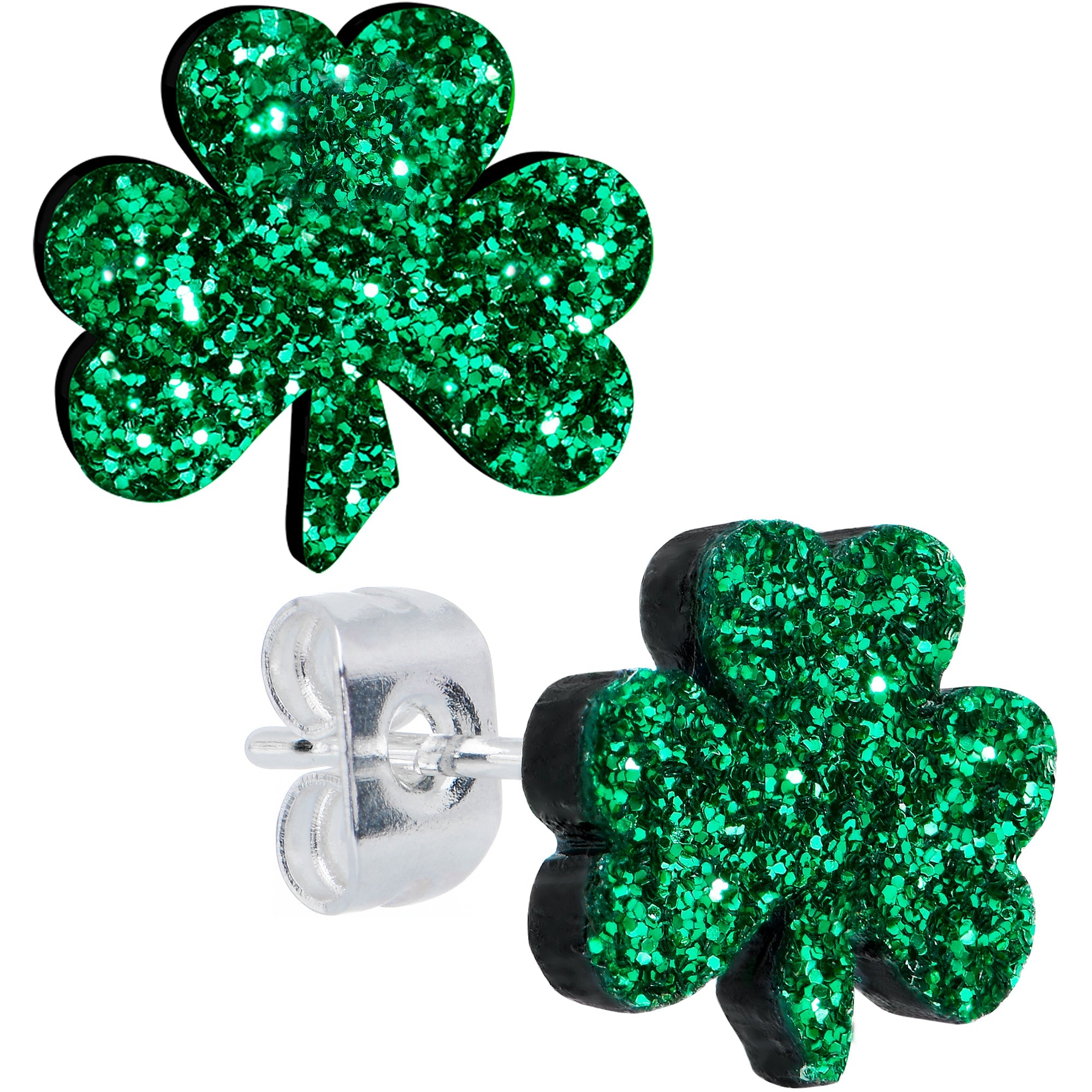 Stainless Steel Green Glitter Shamrock St Patricks Stud Earrings