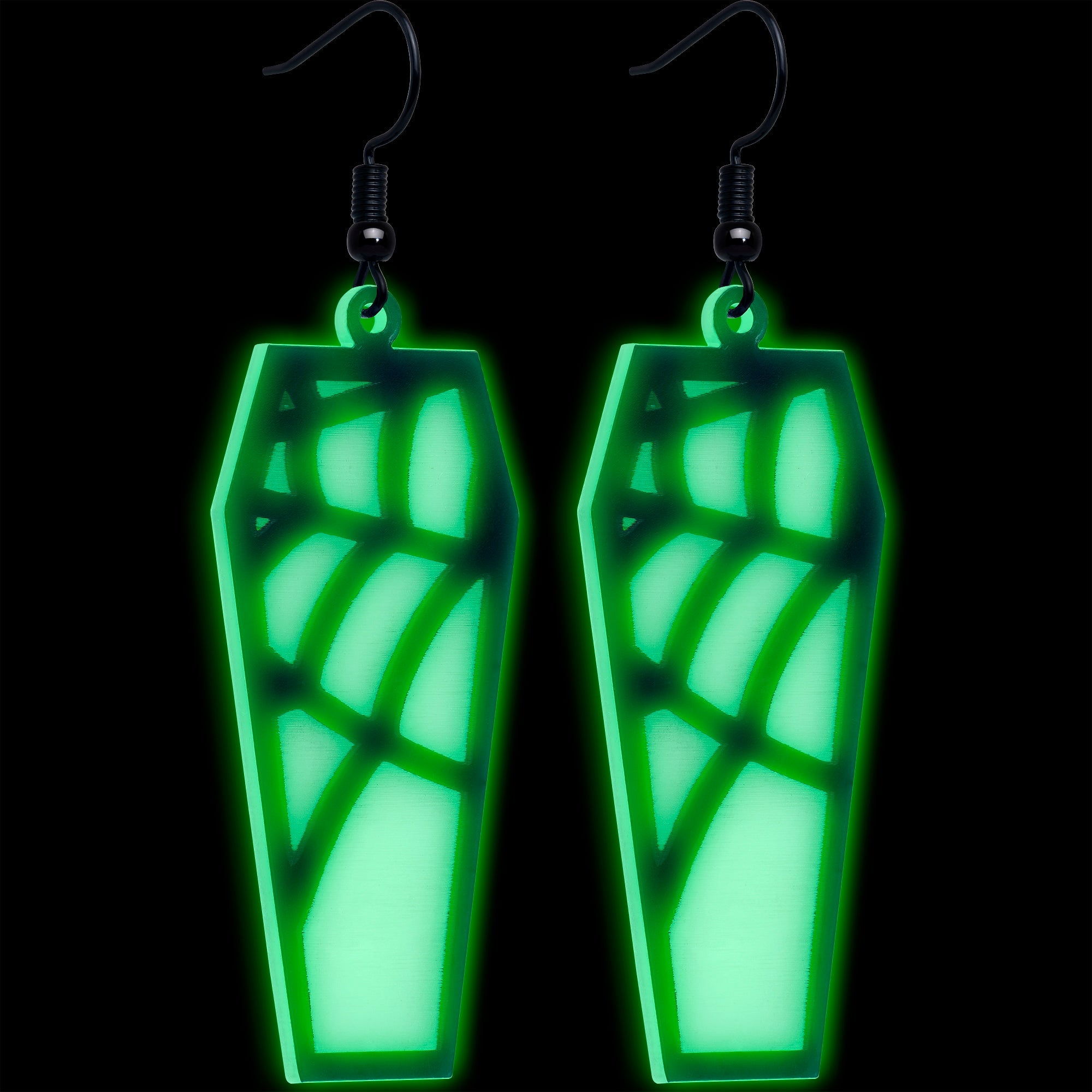 Black Spider Web Coffin Glow in the Dark Dangle Earrings by Onyx O