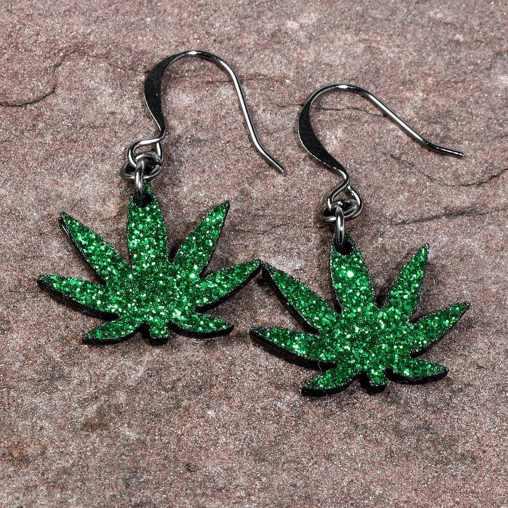 Green Glitter Marijuana Pot Leaf Dangle Earrings