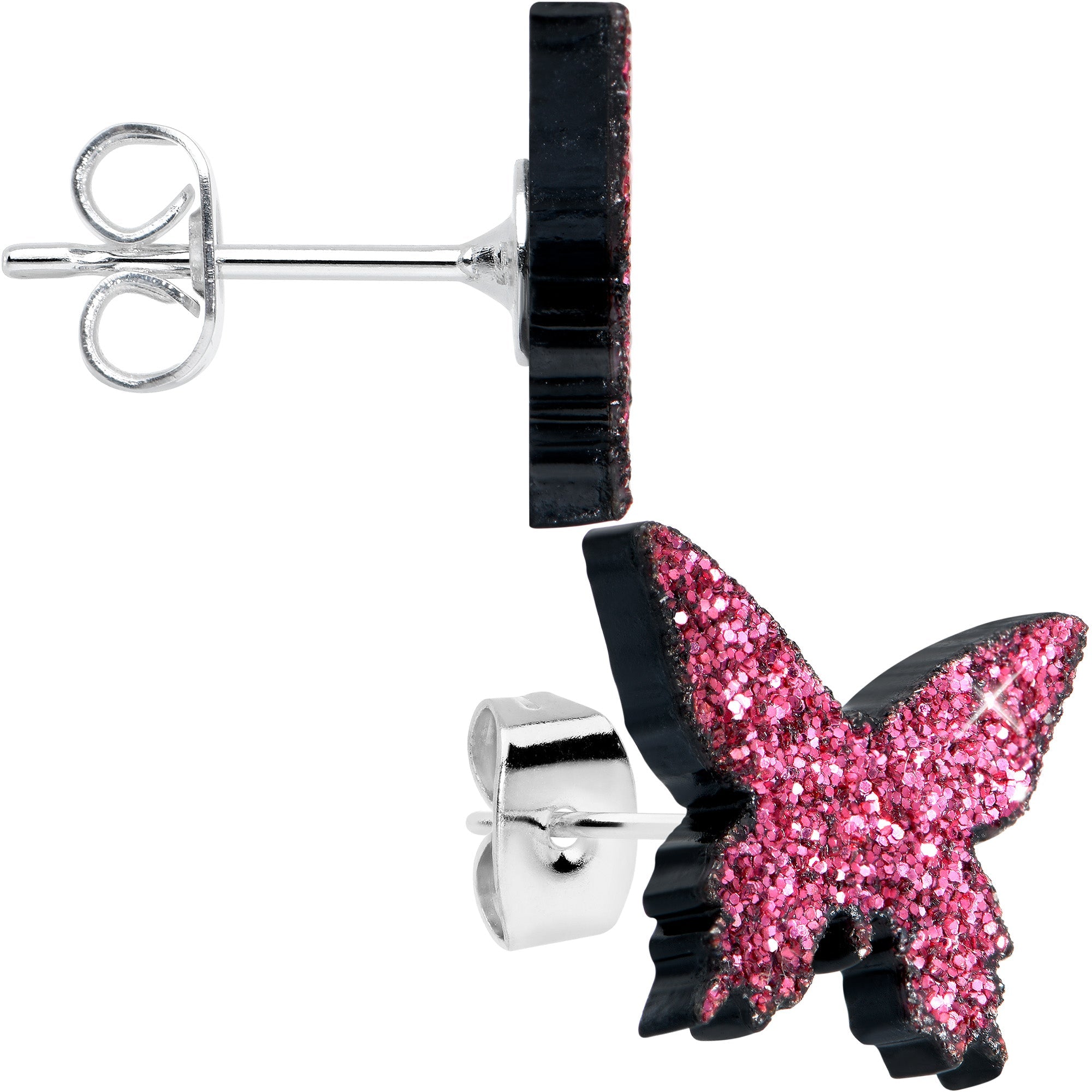 Pink Glitter Butterfly Stud Earring Set