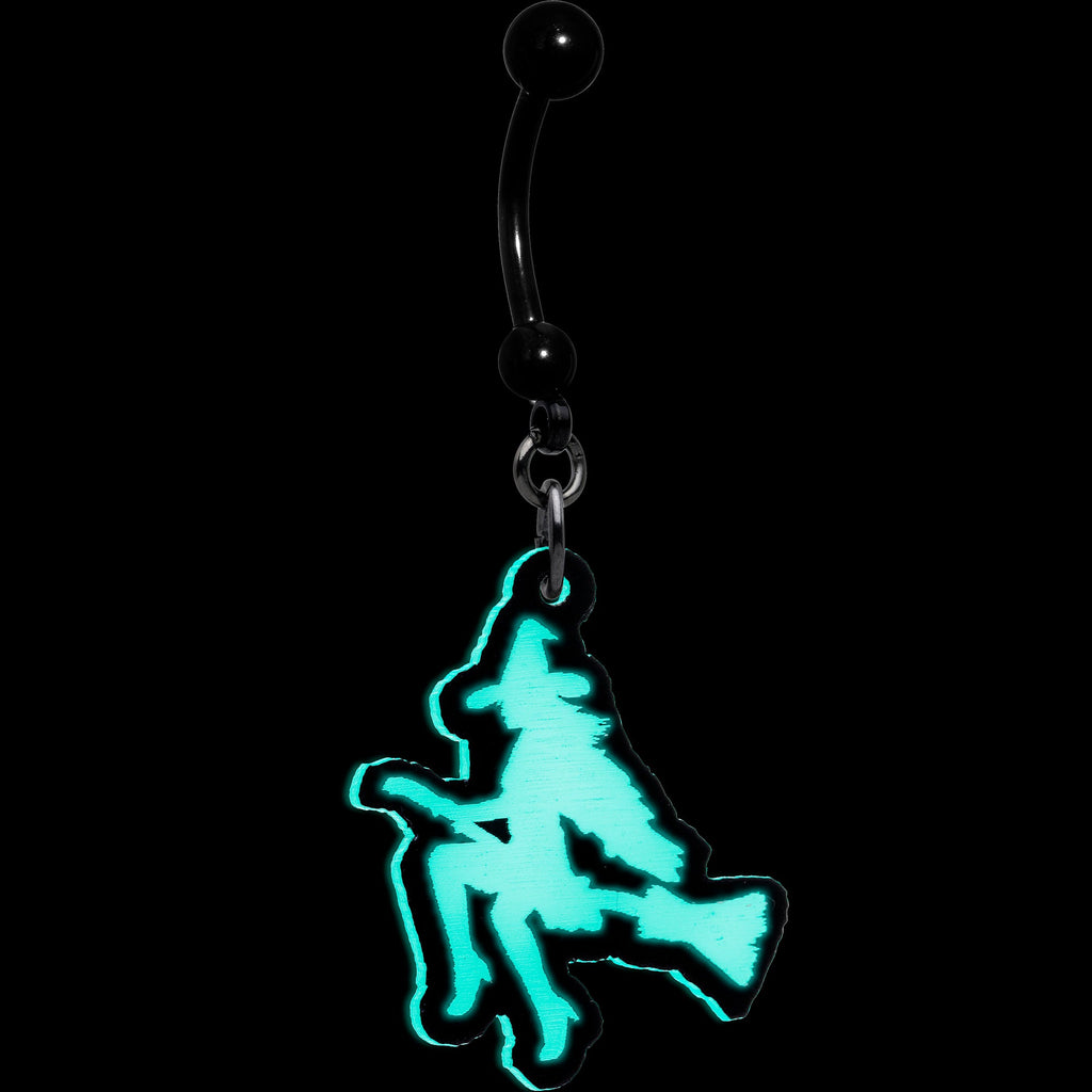 Glow in the Dark Halloween Flying Witch on Broom Dangle Belly Ring
