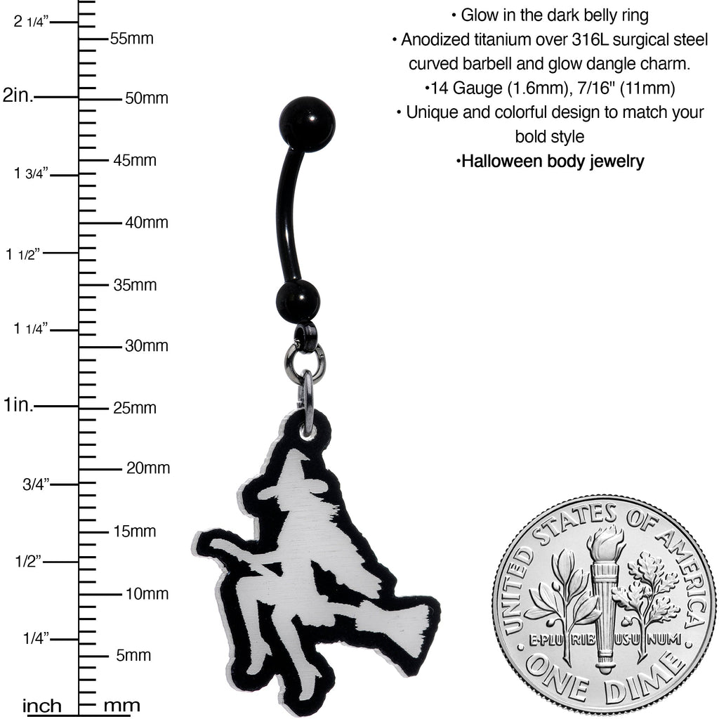 Glow in the Dark Halloween Flying Witch on Broom Dangle Belly Ring