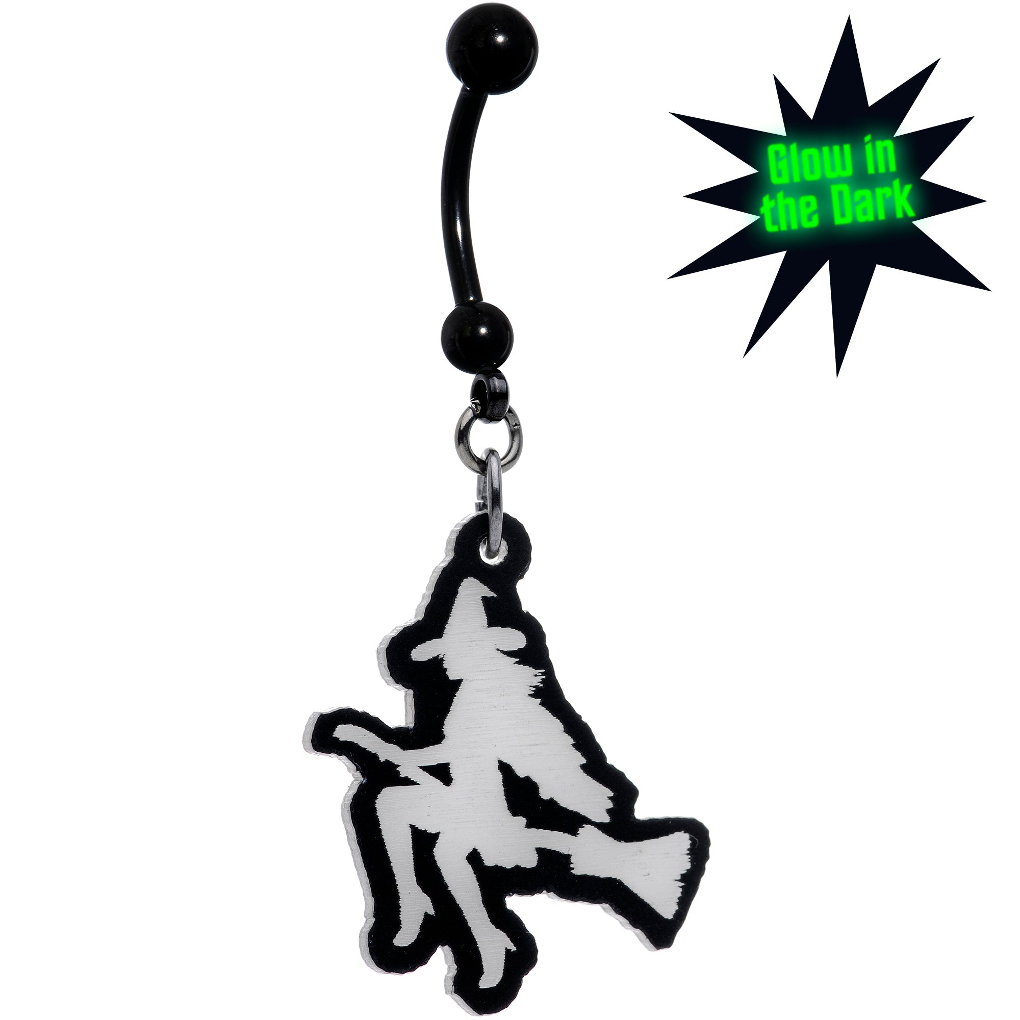 Glow in the Dark Halloween Flying Witch on Broom Dangle Belly Ring