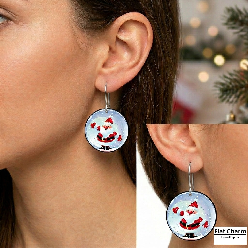Winter Holiday Snow Globe Christmas Santa Claus Dangle Earrings
