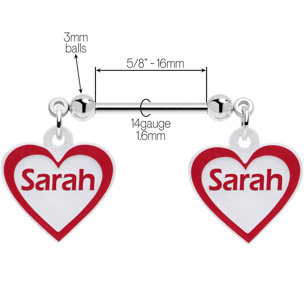 Custom Red White Heart Double Personalized Name Dangle Nipple Ring Set