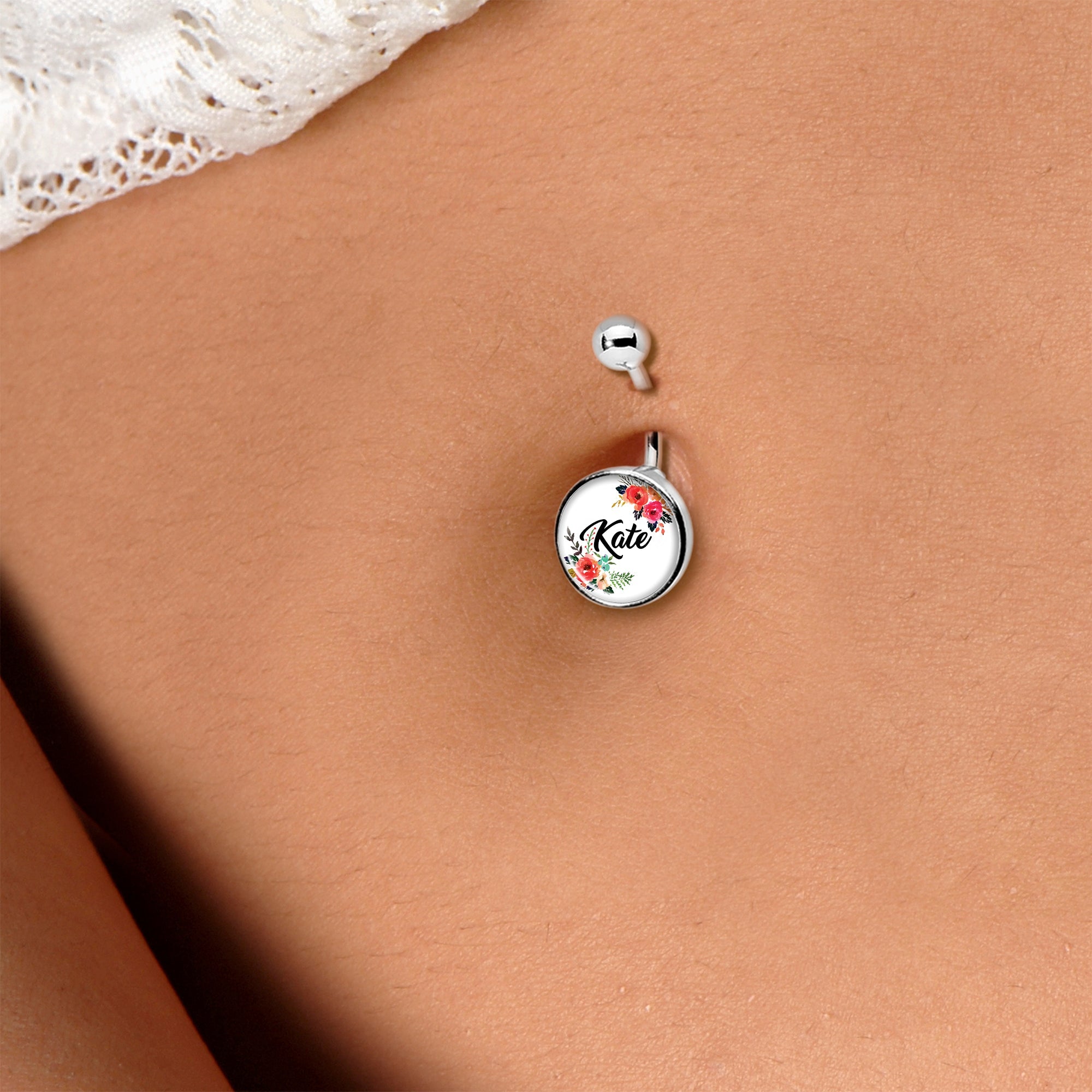 Custom Floral Personalized Name Belly Ring
