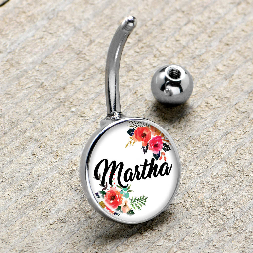 Custom Floral Personalized Name Belly Ring
