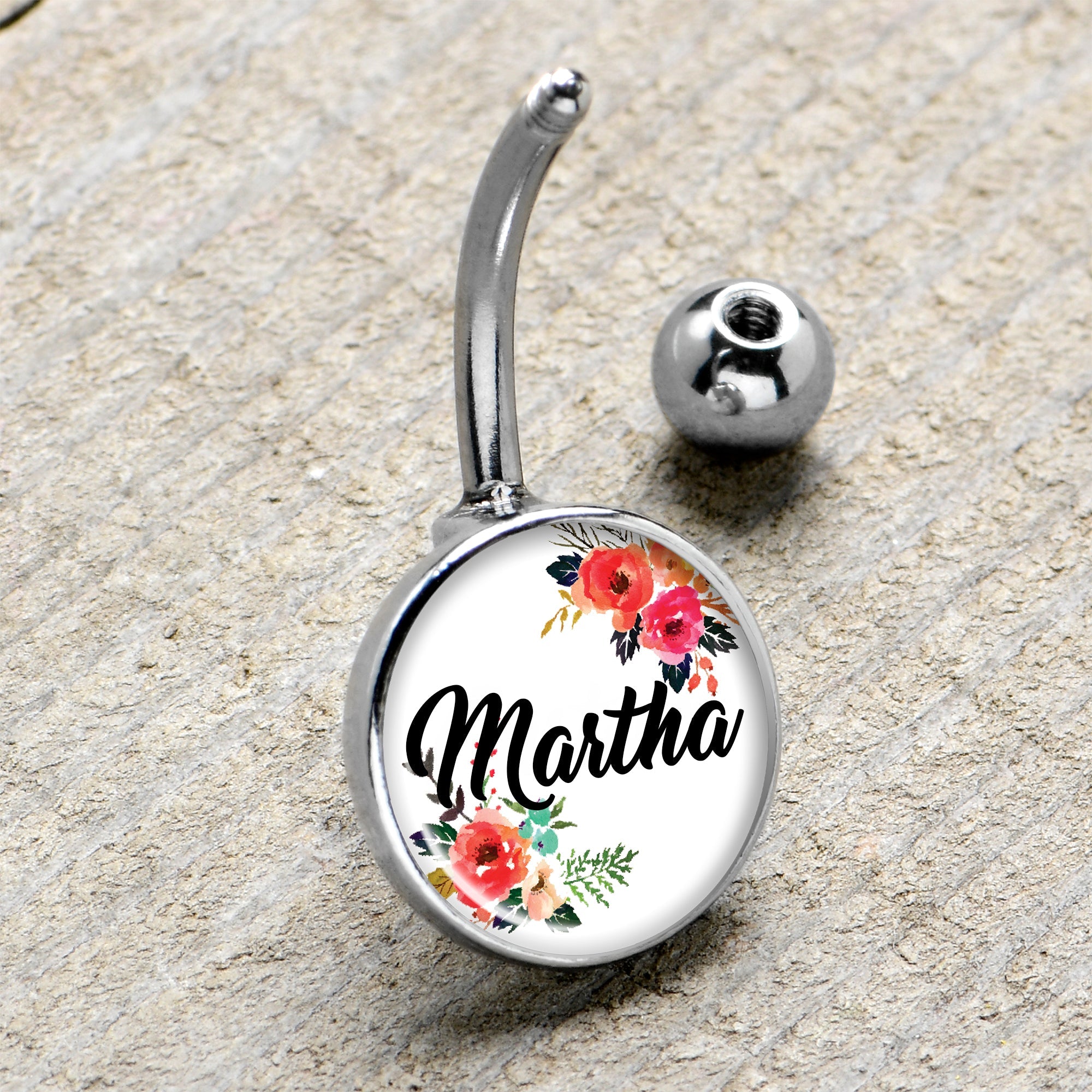 Custom Floral Personalized Name Belly Ring