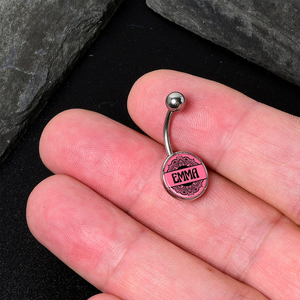 Custom Pink Mandala Personalized Name Belly Ring