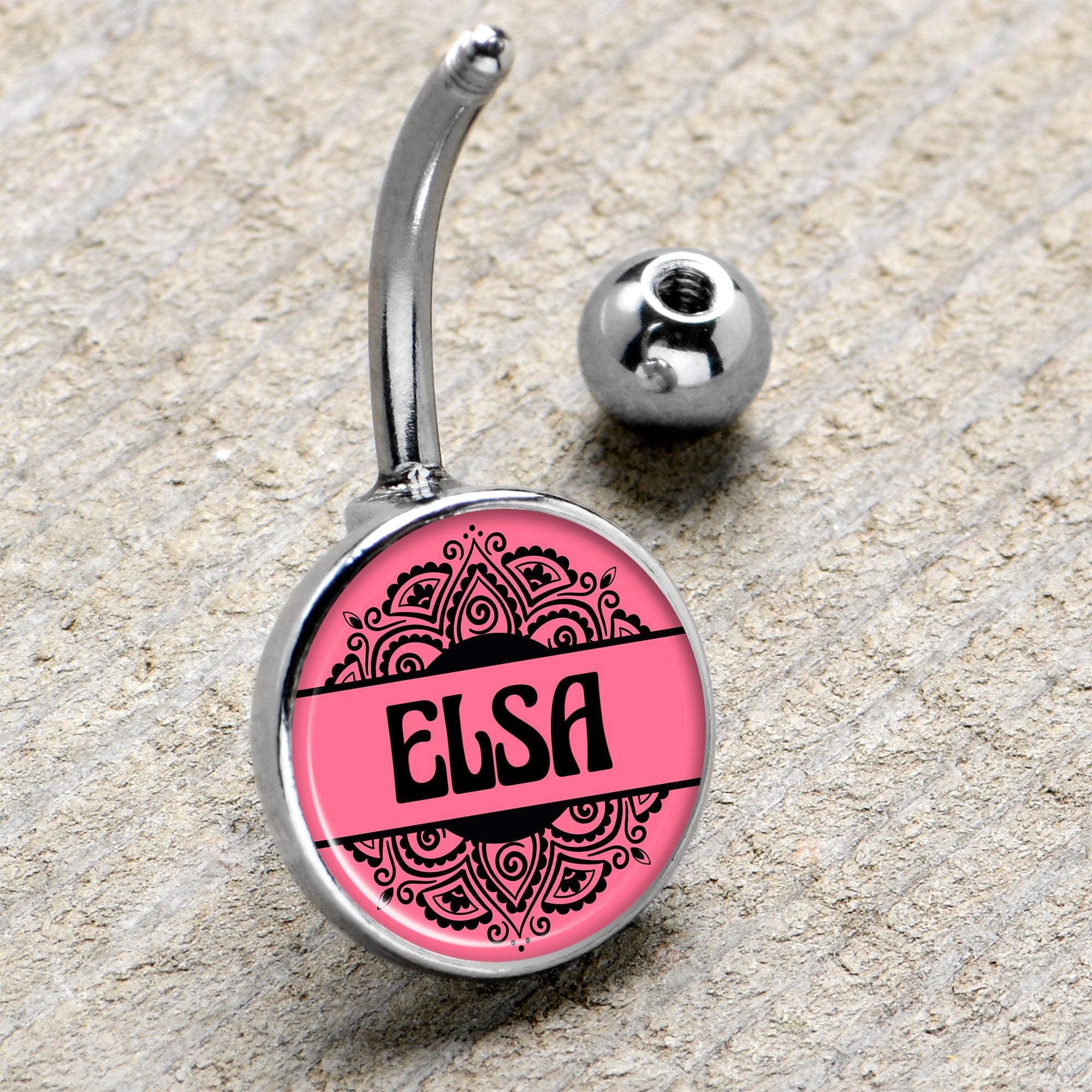 Custom Pink Mandala Personalized Name Belly Ring