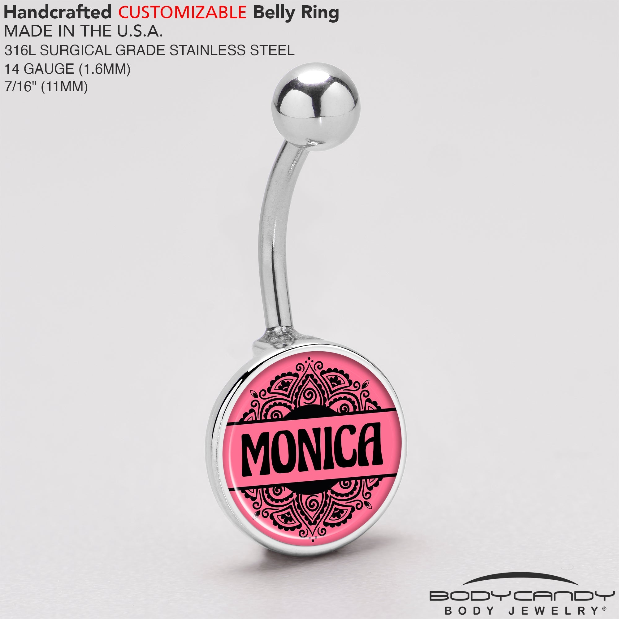 Custom Pink Mandala Personalized Name Belly Ring