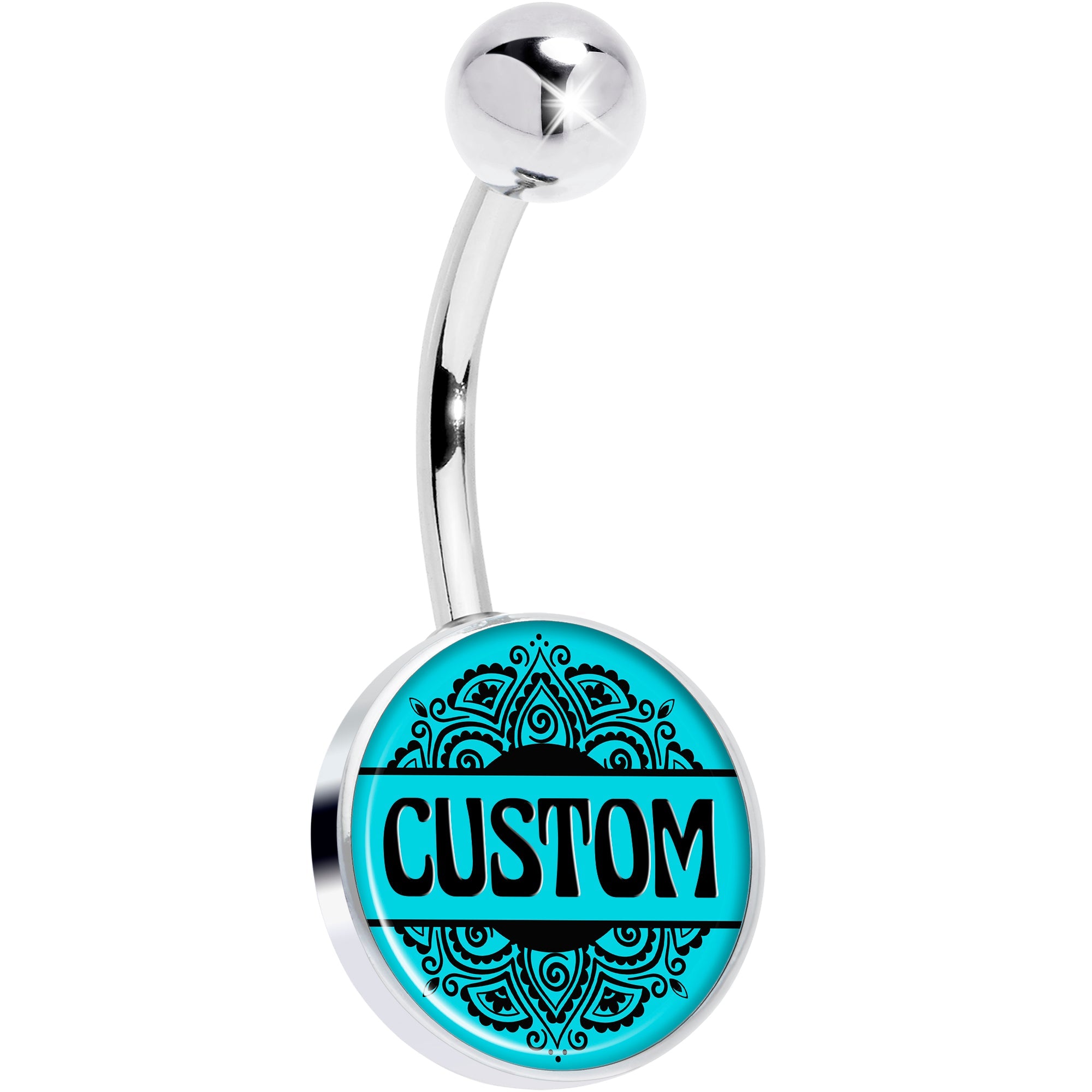 Custom Teal Mandala Personalized Name Belly Ring