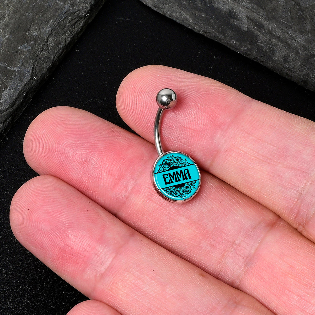 Custom Teal Mandala Personalized Name Belly Ring