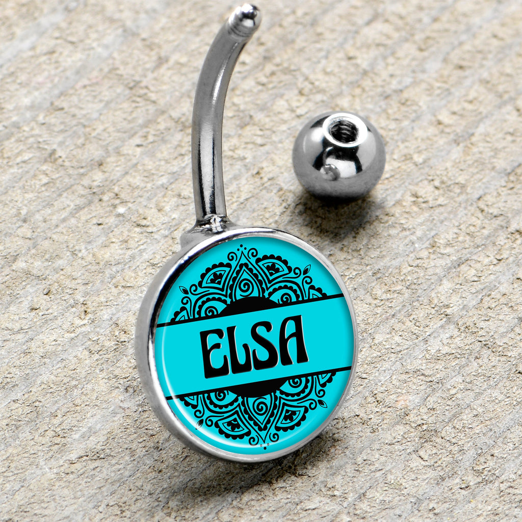 Custom Teal Mandala Personalized Name Belly Ring
