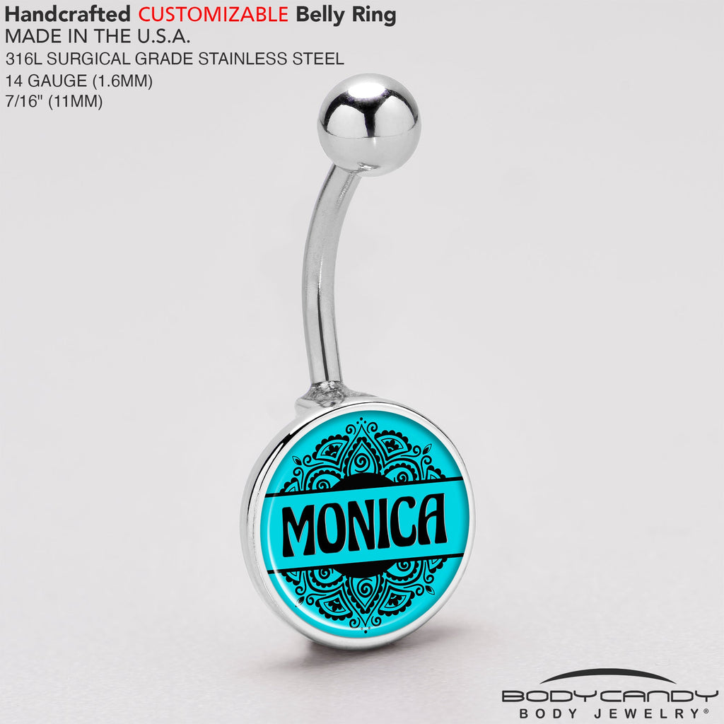 Custom Teal Mandala Personalized Name Belly Ring