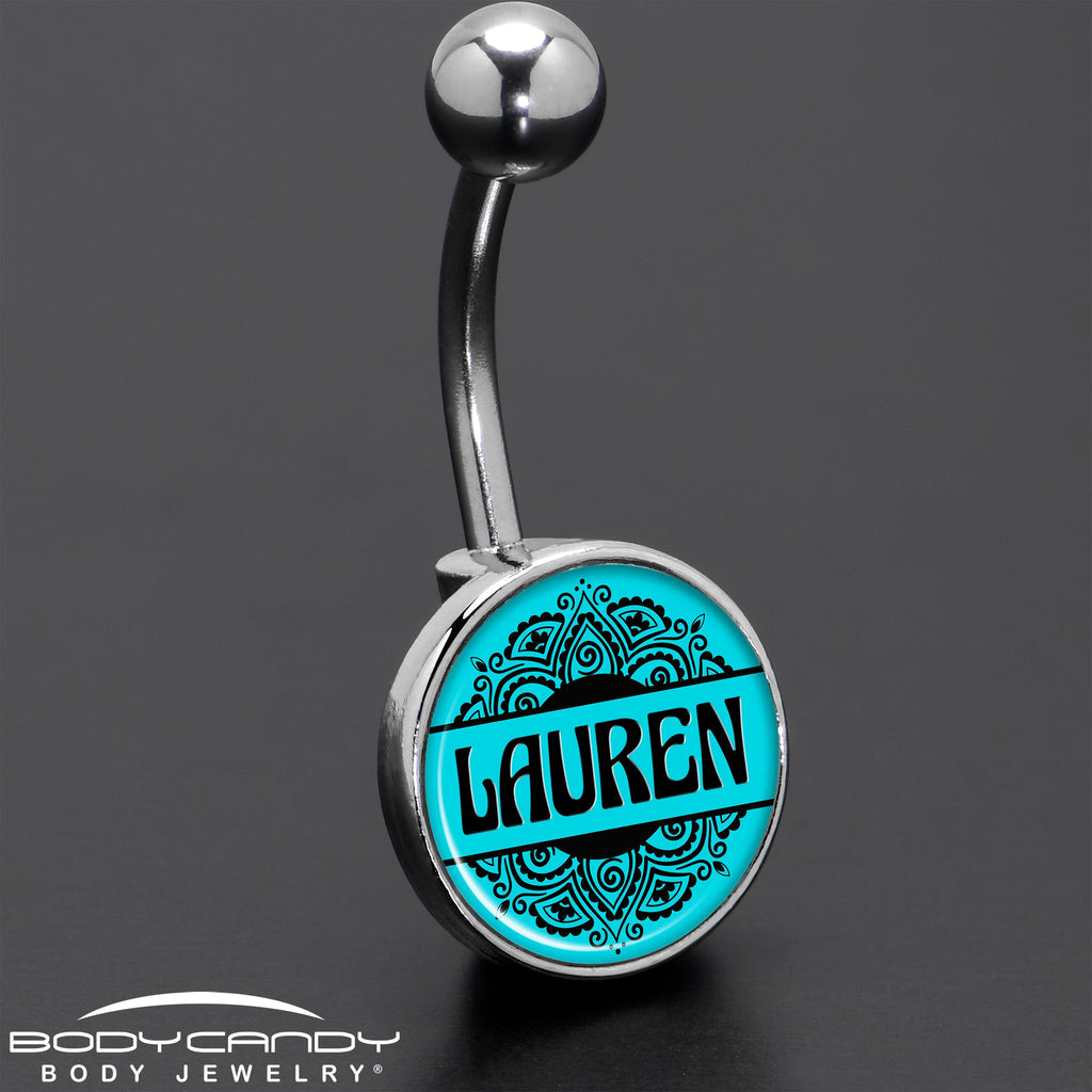 Custom Teal Mandala Personalized Name Belly Ring