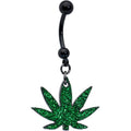 Green Glitter Marijuana Pot Leaf Black Dangle Belly Ring