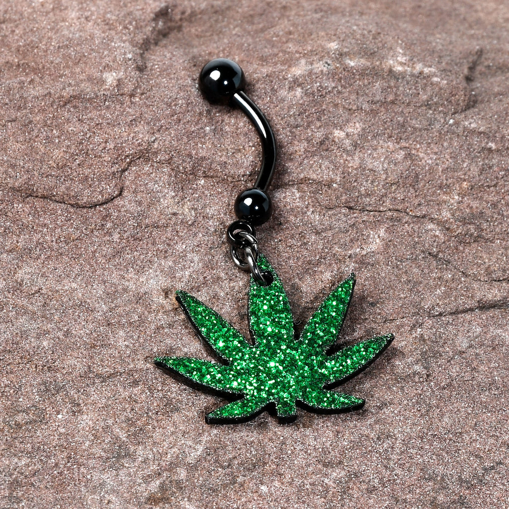 Green Glitter Marijuana Pot Leaf Black Dangle Belly Ring