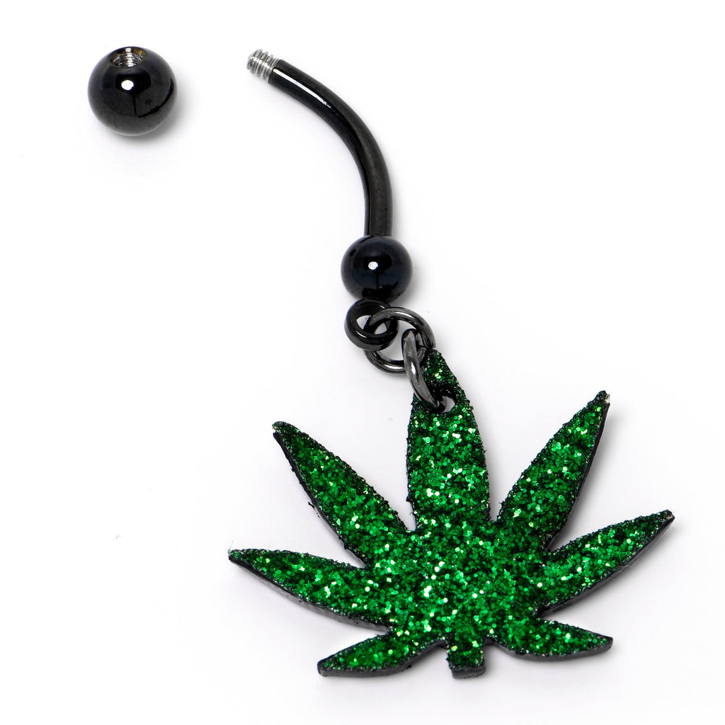 Green Glitter Marijuana Pot Leaf Black Dangle Belly Ring