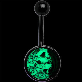 Black Glow in the Dark Katrina Sugar Skull Belly Ring