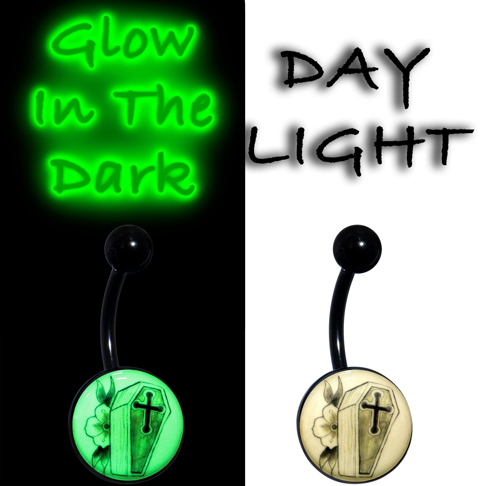 Black Titanium Coffin and Flower Glow in the Dark Belly Ring
