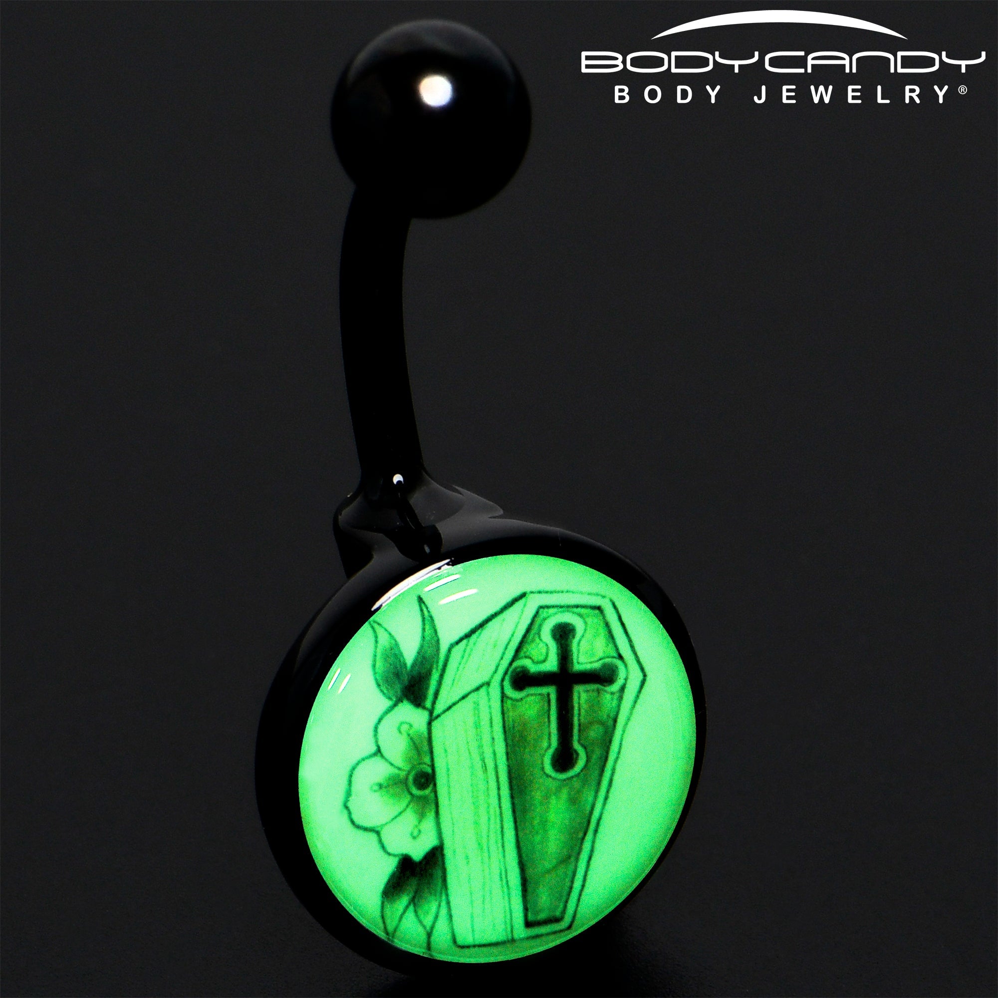 Black Titanium Coffin and Flower Glow in the Dark Belly Ring