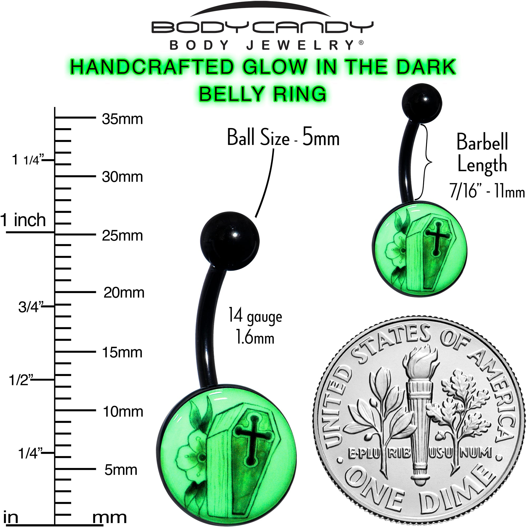 Black Titanium Coffin and Flower Glow in the Dark Belly Ring