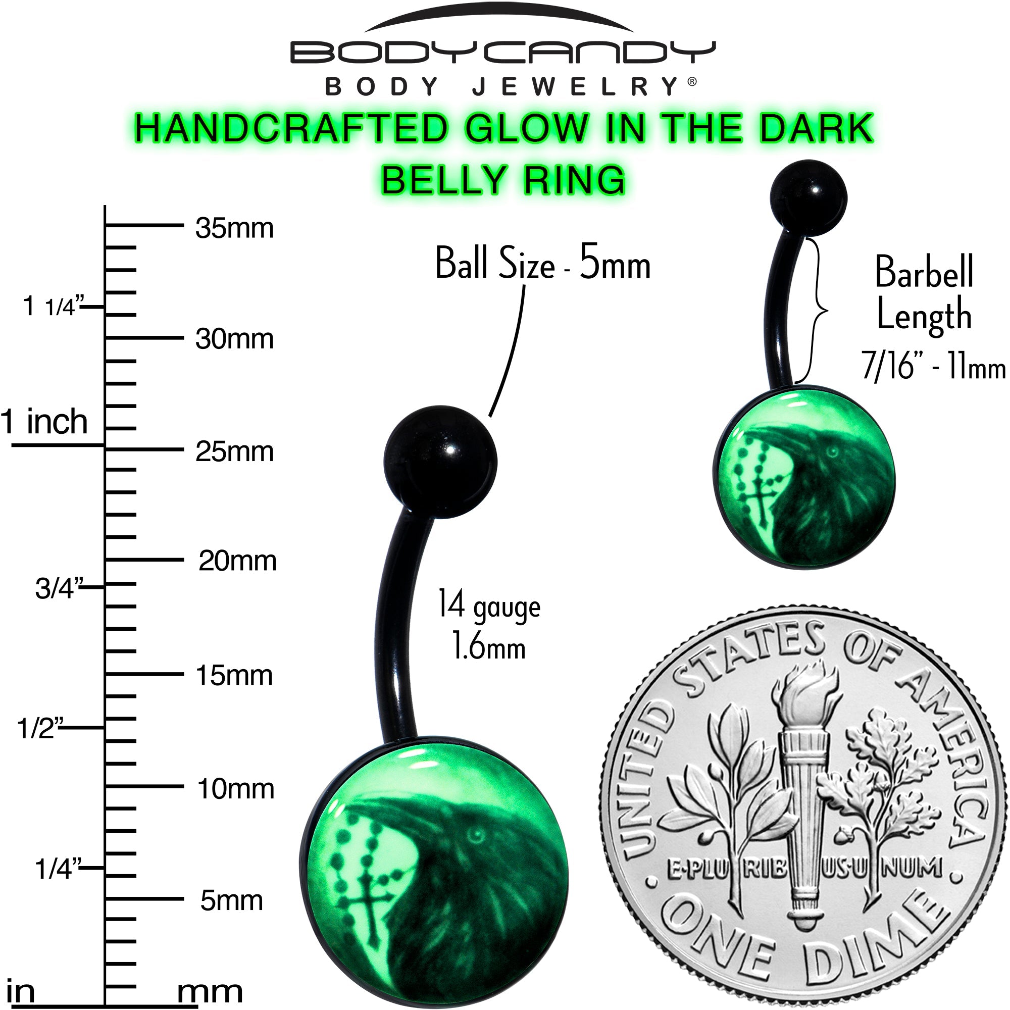 Black Titanium Raven and Cross Glow in the Dark Belly Ring
