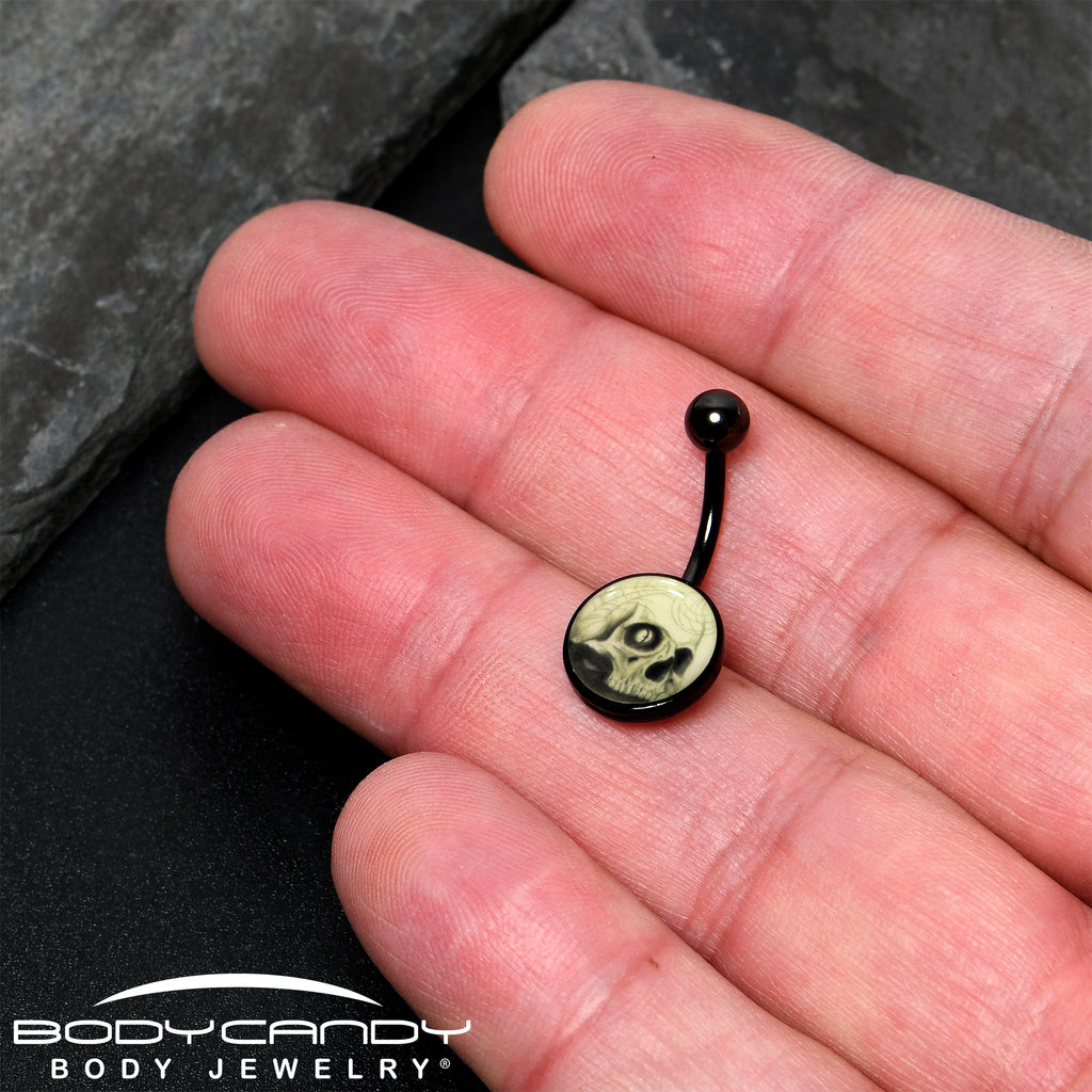 Black Titanium Webbed Skull Glow in the Dark Belly Ring