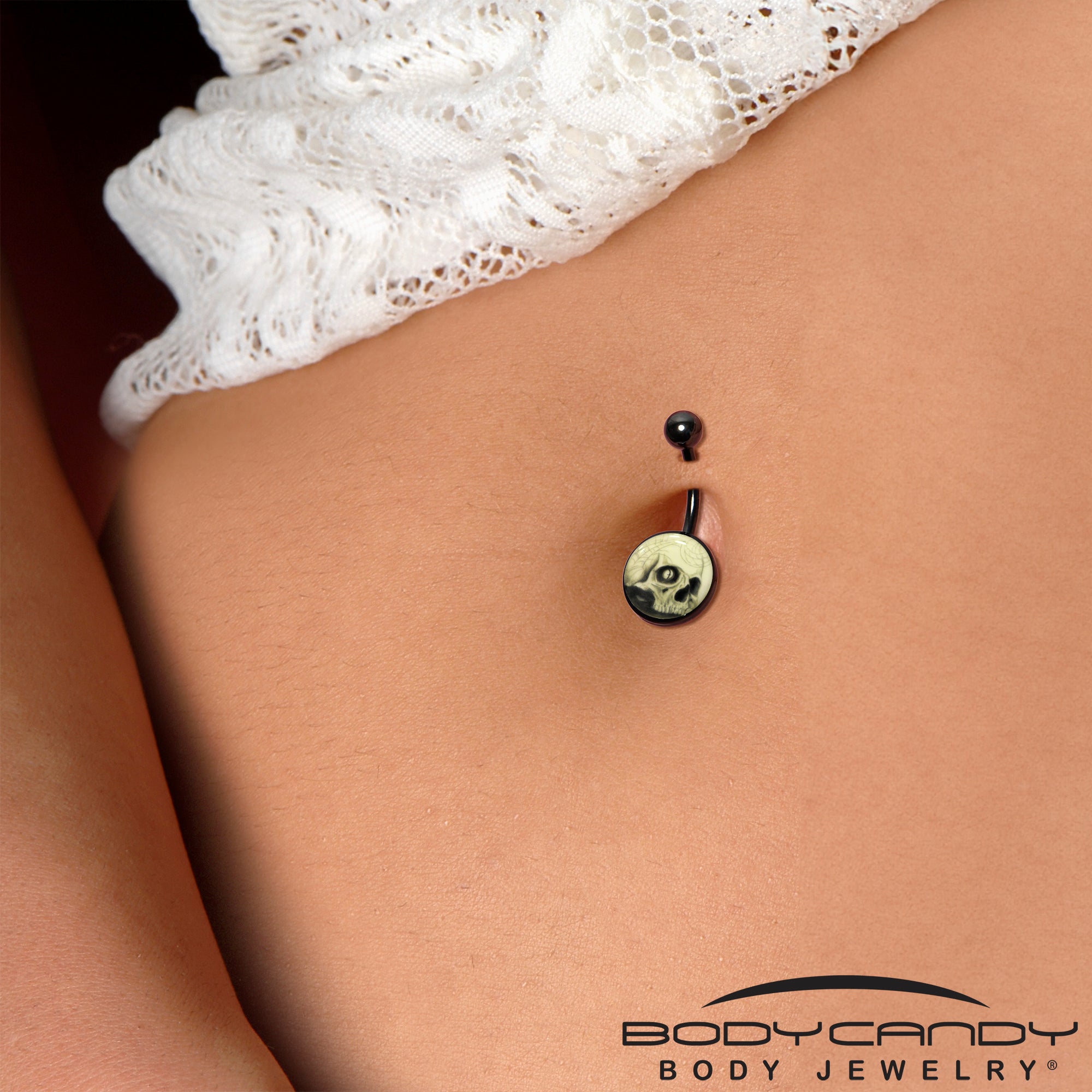 Black Titanium Webbed Skull Glow in the Dark Belly Ring