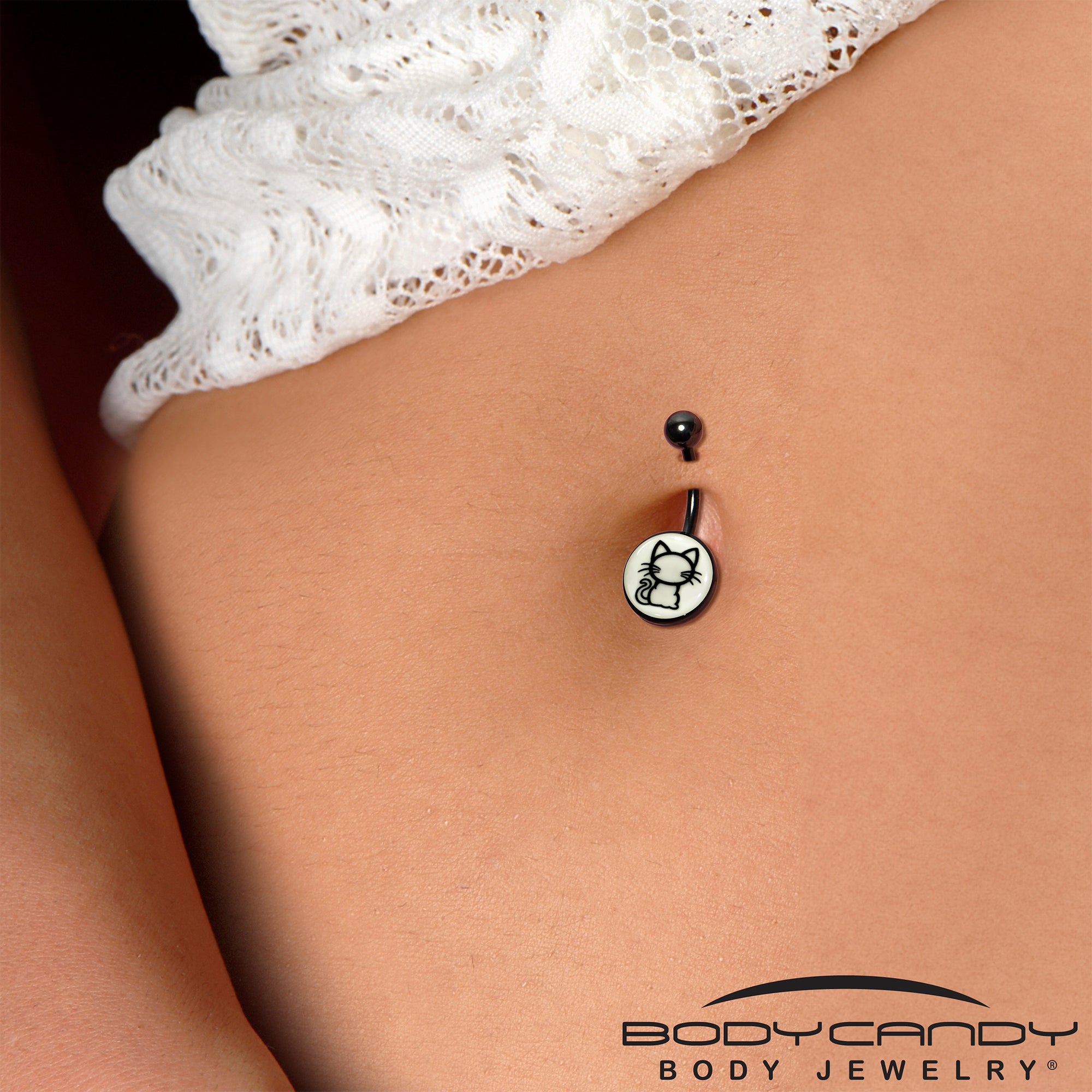 Black Anodized Glow in the Dark Kitty Cat Belly Ring by Onyx O