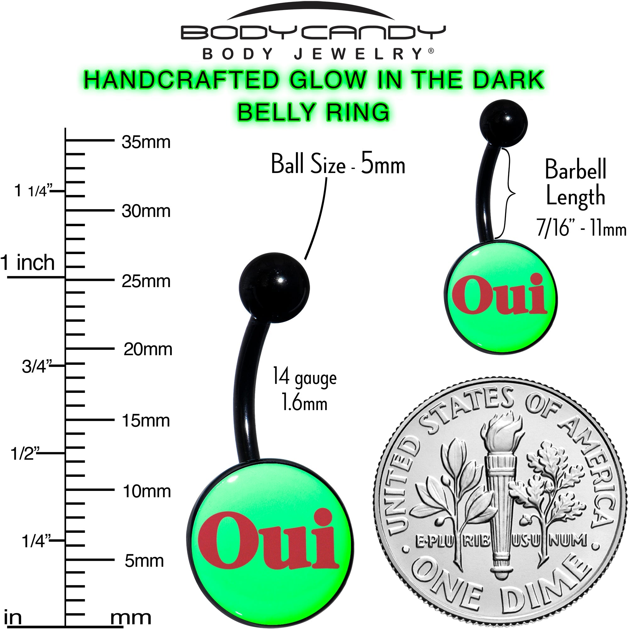 Black Anodized Glow in the Dark OUI Belly Ring by Onyx O