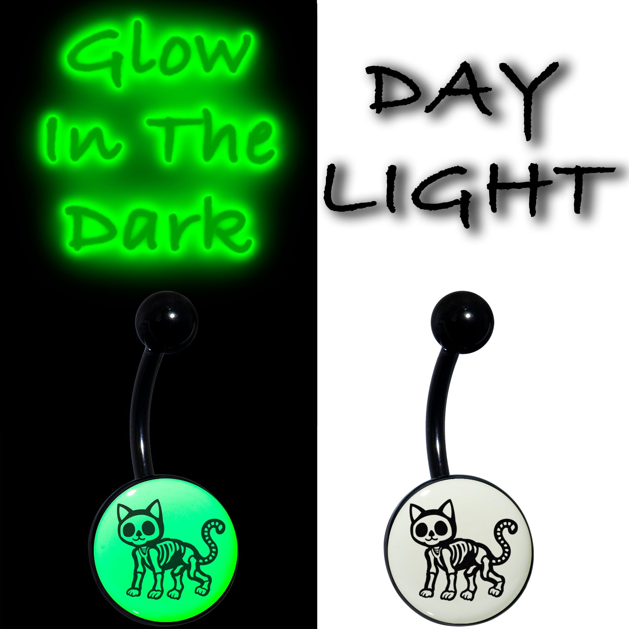 Black Anodized Glow in the Dark Skeleton Kitty Cat Belly Ring by Onyx O
