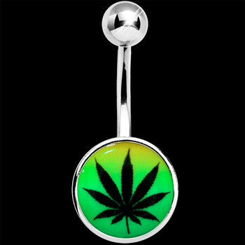 Steel Glow in the Dark Rainbow Ganja Leaf Belly Ring