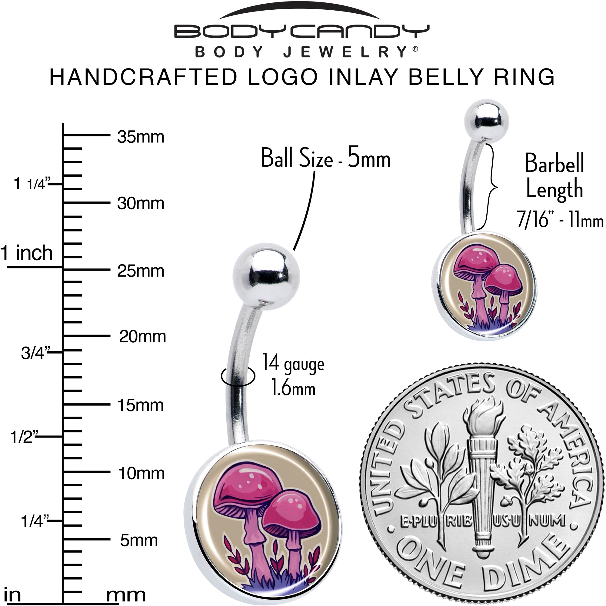 Artist Drawn Pink Mushrooms Belly Ring by Onyx O