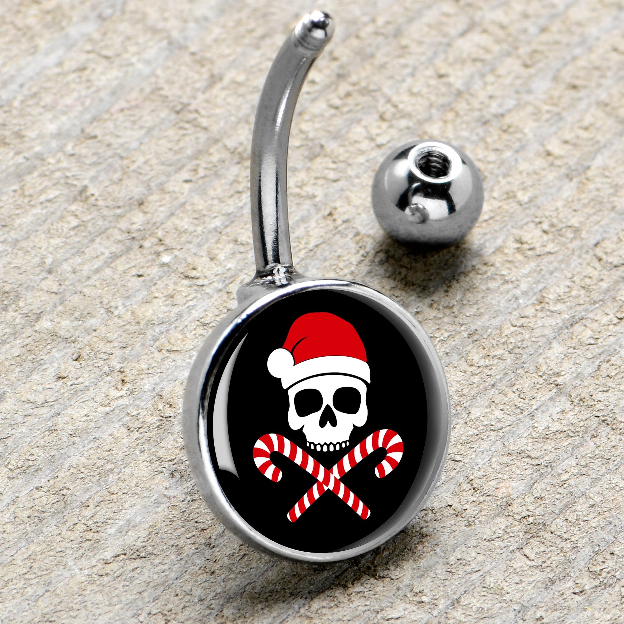 Santa Pirate Candy Cane Skull Belly Ring by Onyx O