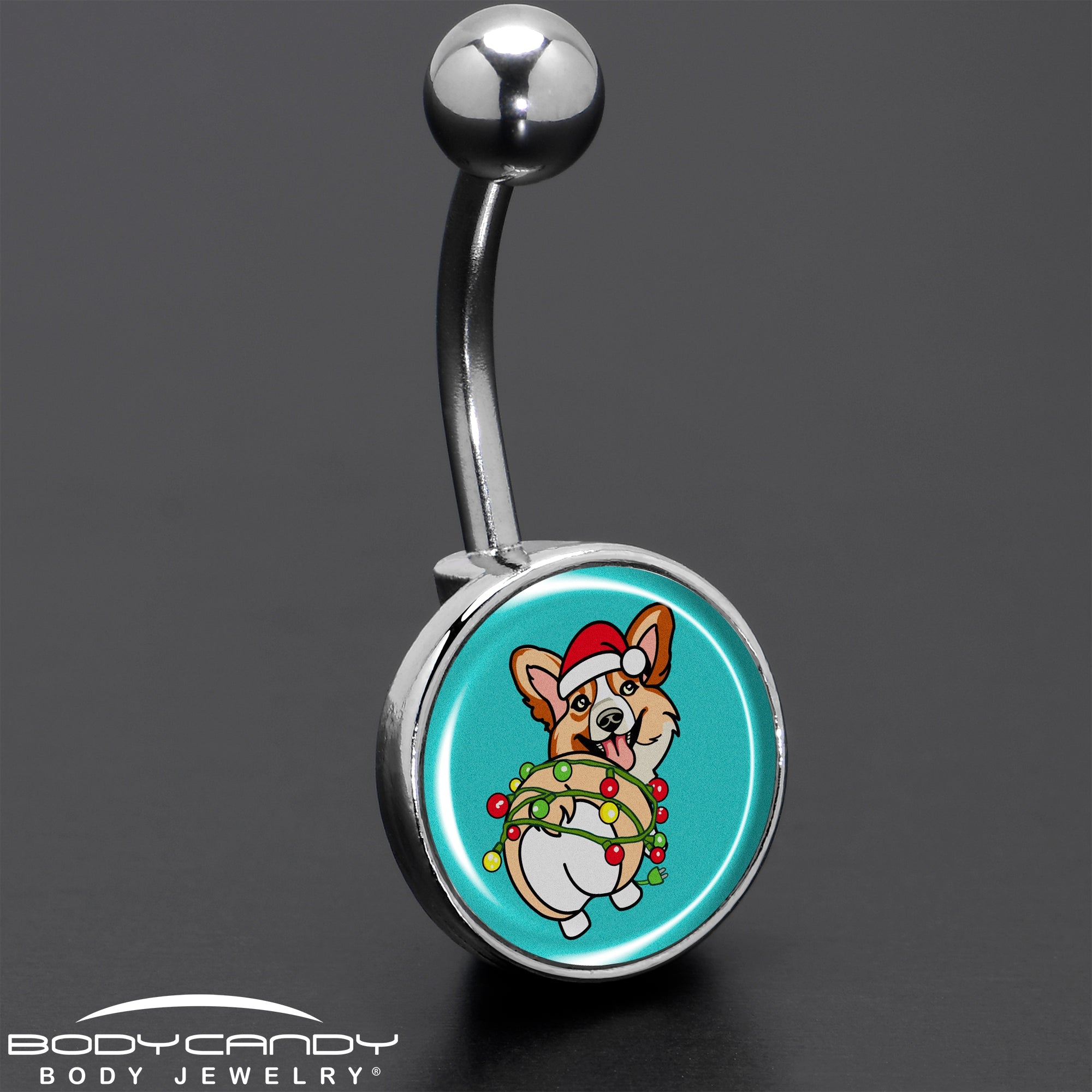 Christmas Holiday Lights Corgi Dog Belly Ring by Onyx O