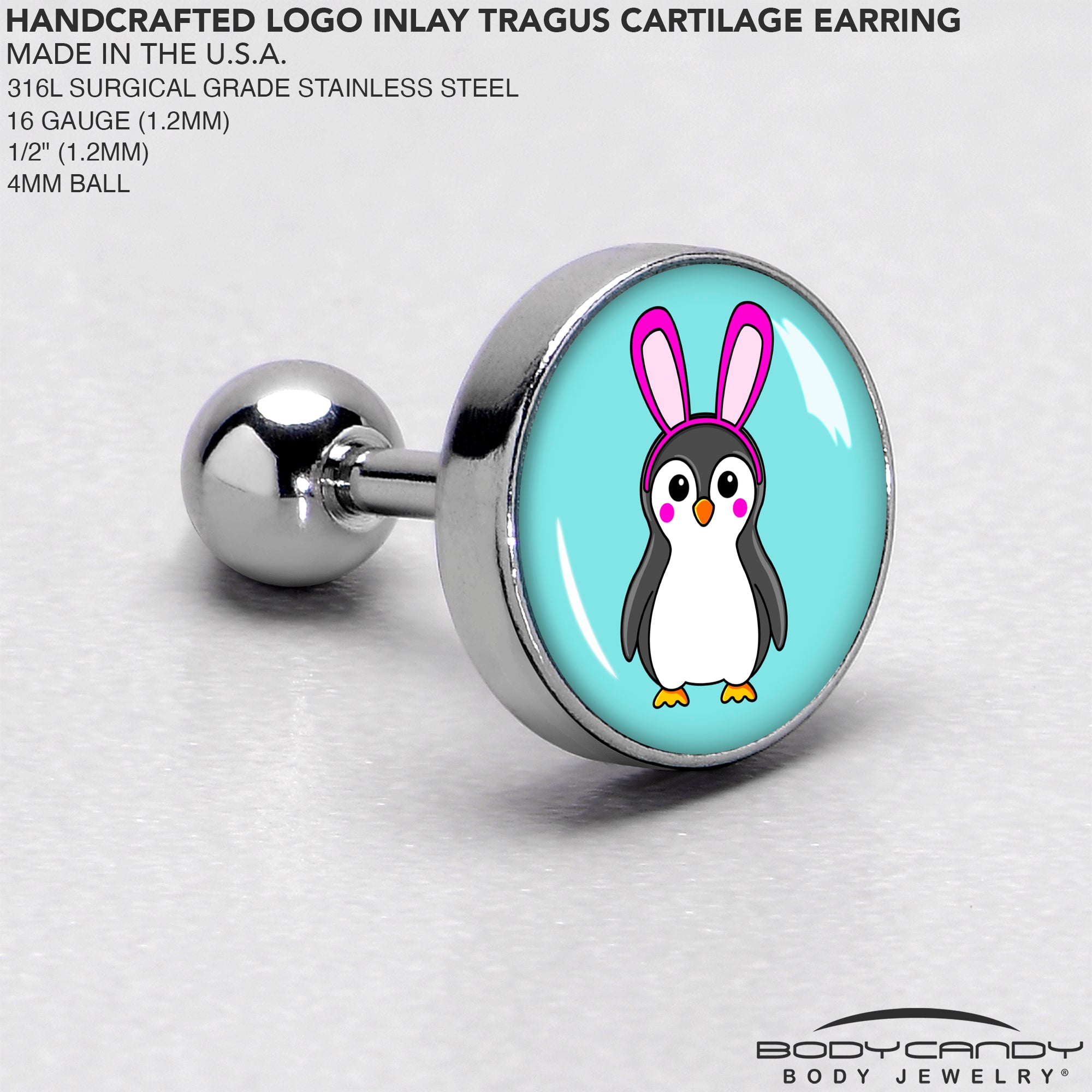 16G 1/4 Bunny Penguin Cartilage Tragus Earring by Onyx O