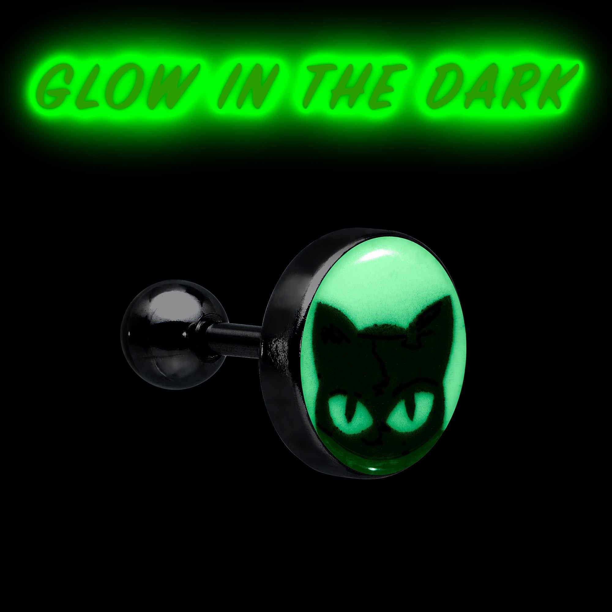 16G Glow in the Dark Peeking Black Cat Tragus Cartilage Earring by Onyx O