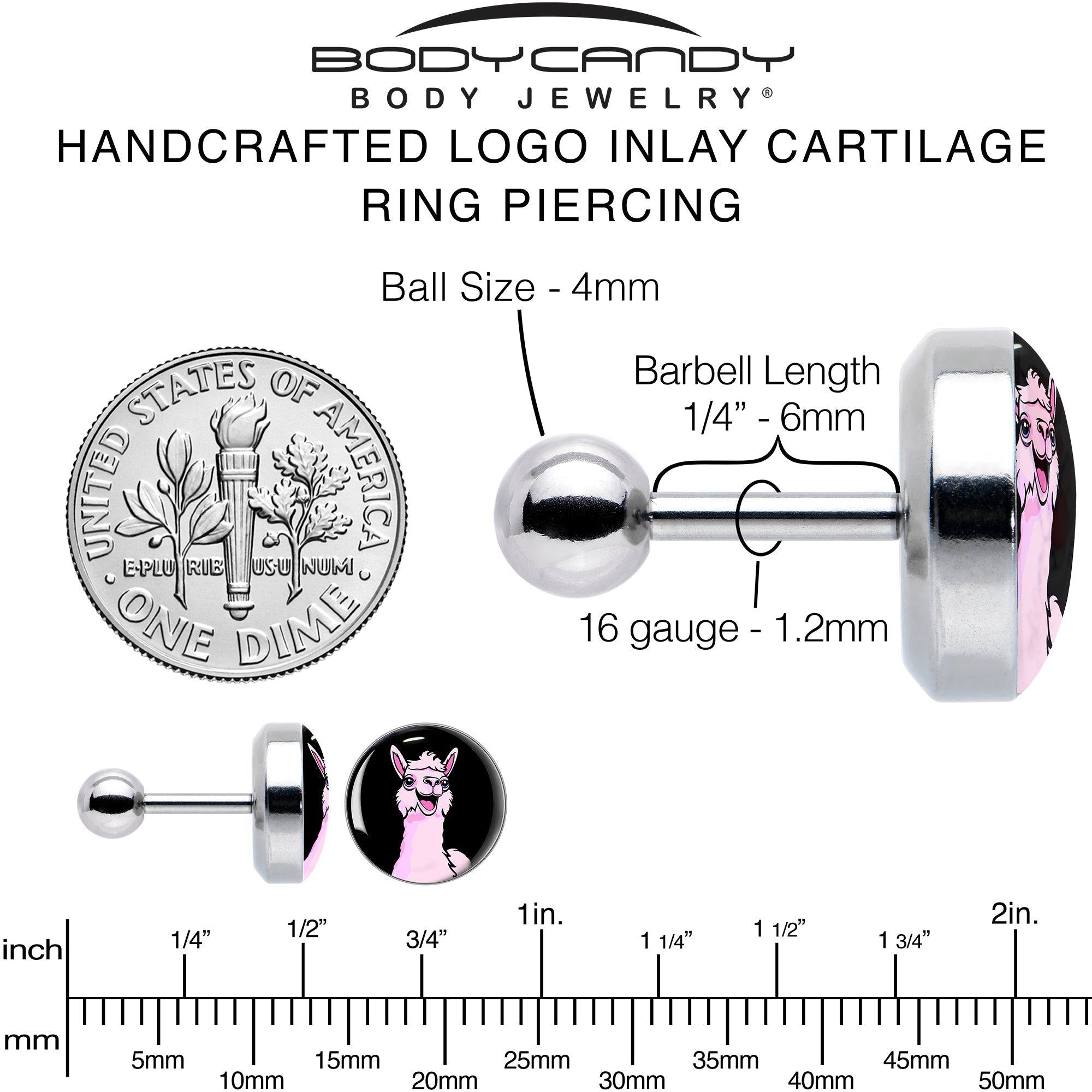 16G 1/4 Pink Happy Llama Cartilage Tragus Earring by Onyx O