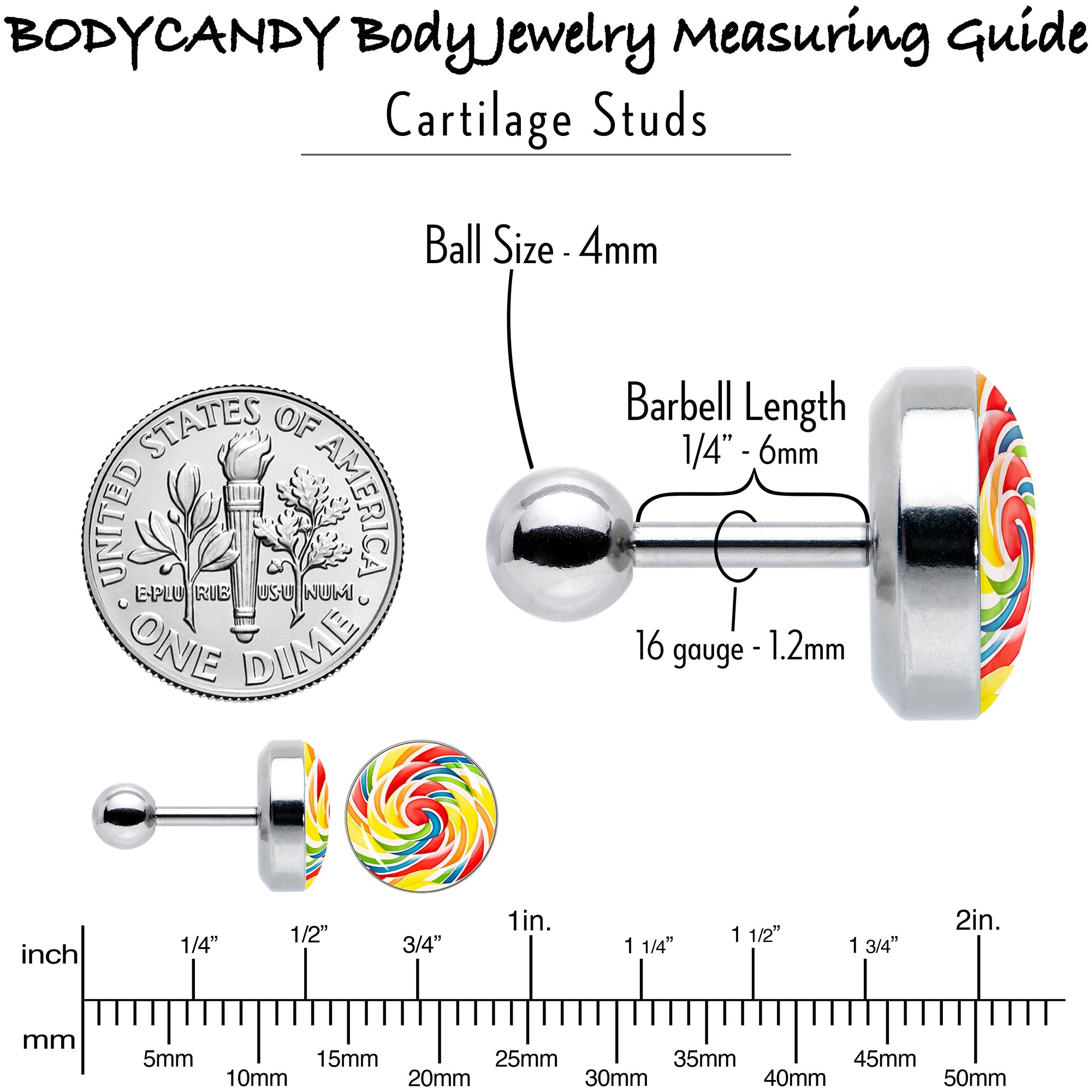 16G 1/4 Rainbow Swirl Lollipop Cartilage Tragus Earring by Onyx O