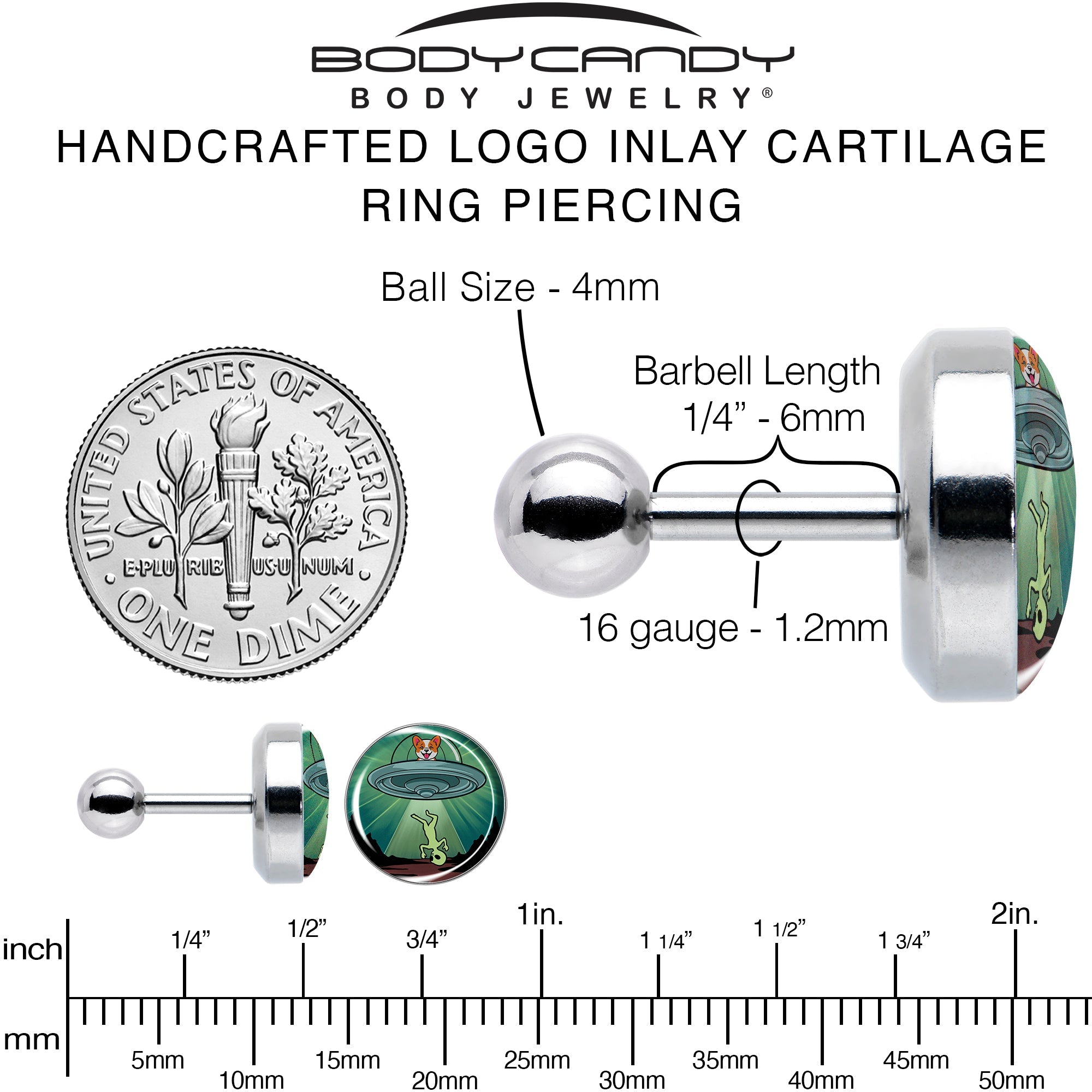 16G 1/4 Reverse Alien UFO Abduction Tragus Cartilage Earring by Onyx O
