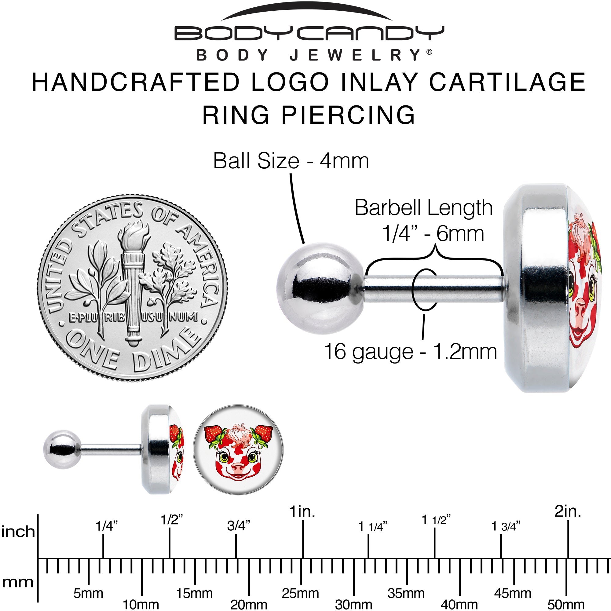 16G 1/4 Strawberry Cow Cartilage Tragus Earring by Onyx O