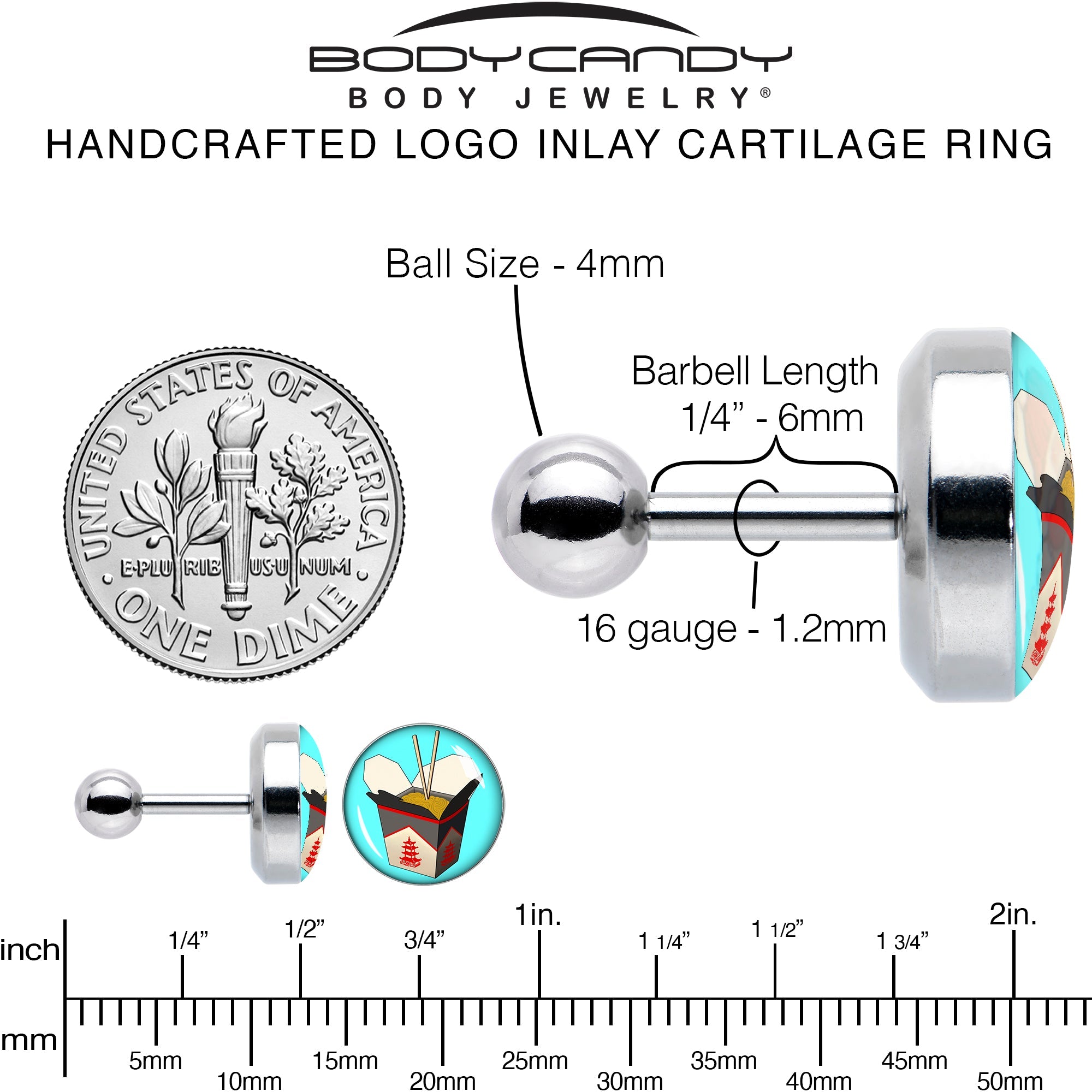 16G 1/4 Chinese Take Out Cartilage Tragus Earring by Onyx O