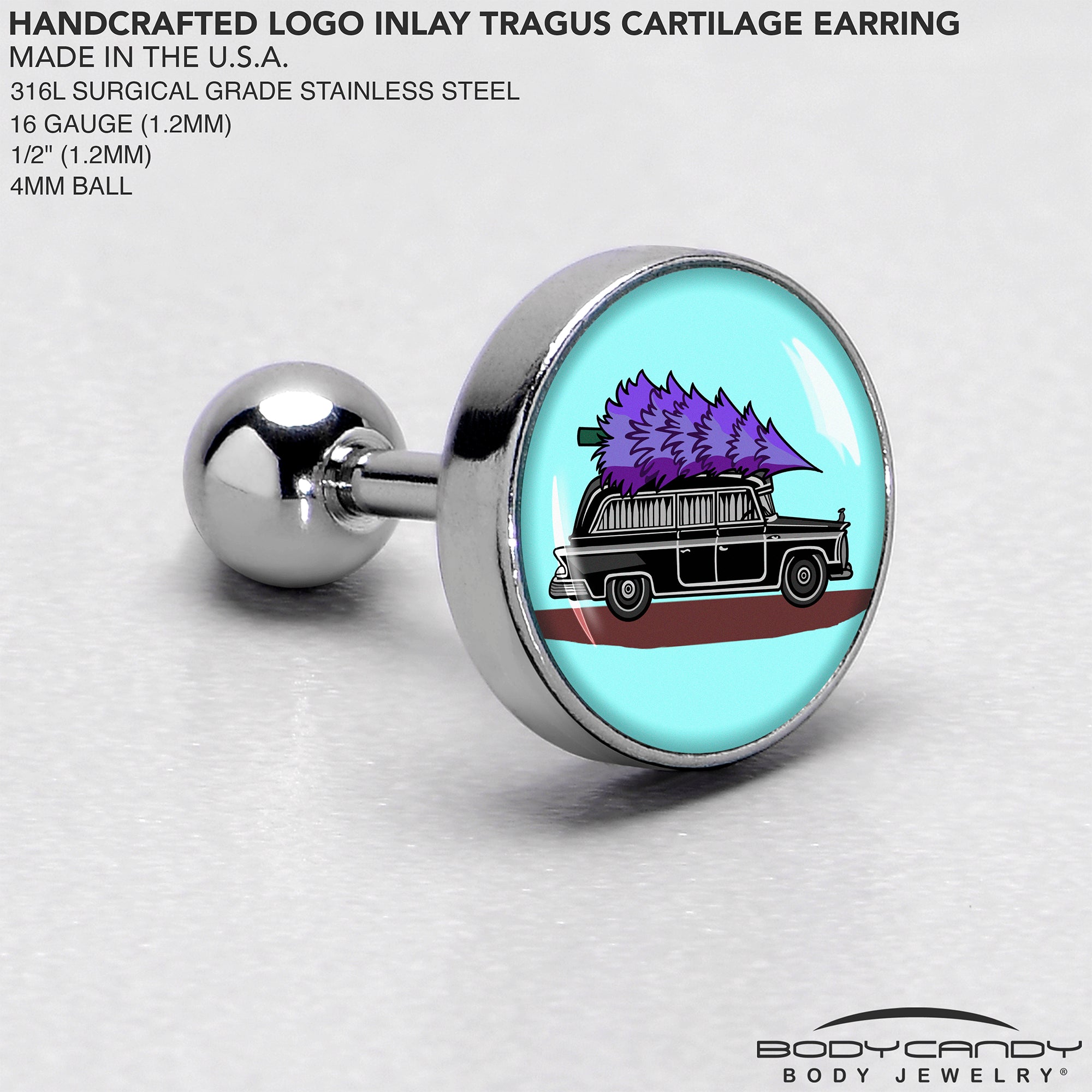 16G 1/4 Holiday Christmas Hearse Tragus Cartilage Earring by Onyx O