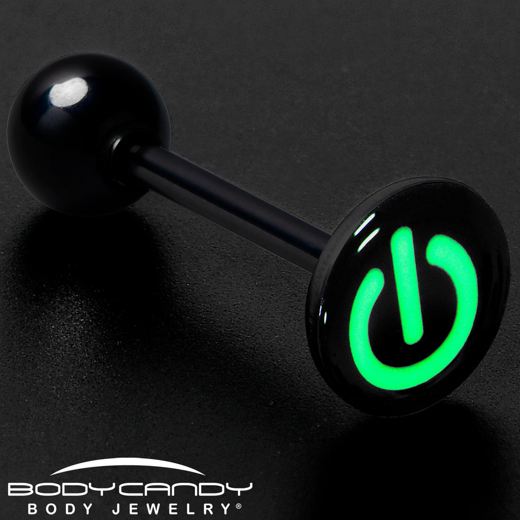 Power Button Glow in the Dark Black Anodized Barbell Tongue Ring
