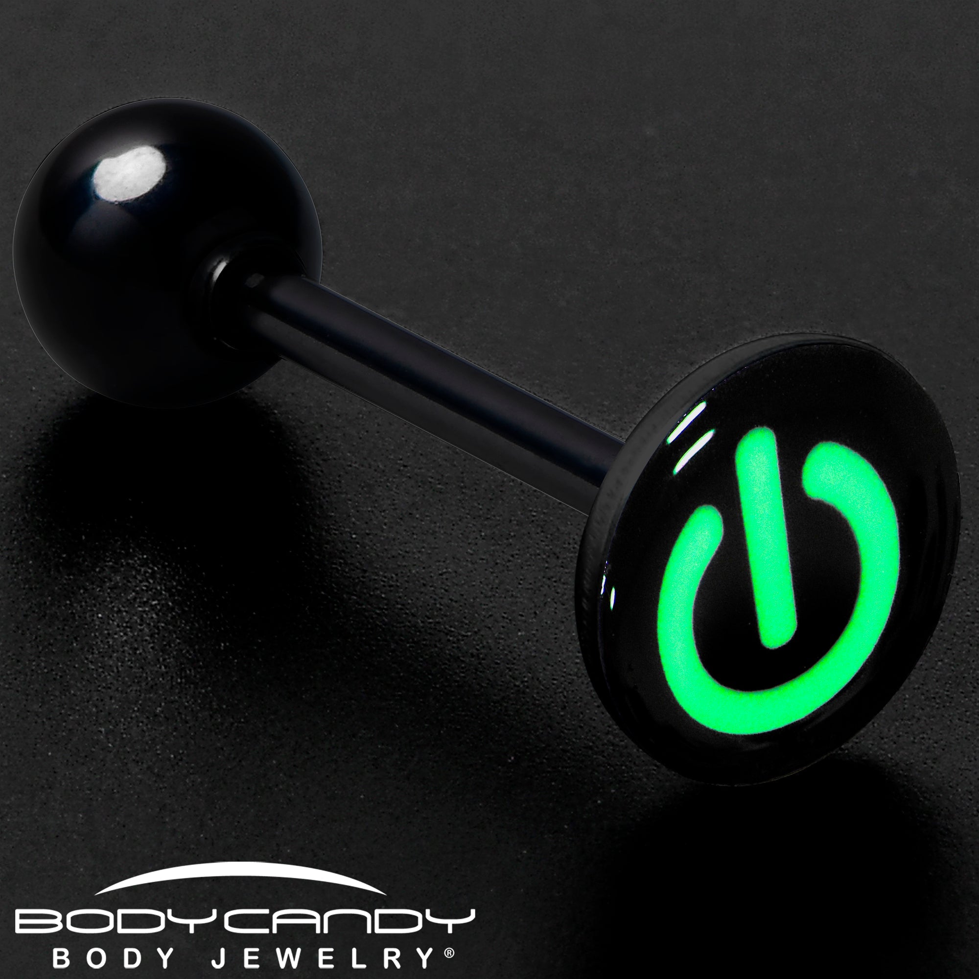 Power Button Glow in the Dark Black Anodized Barbell Tongue Ring